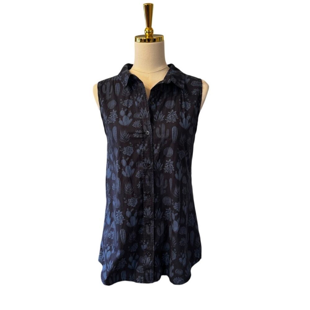 Wildfang Sleeveless Button Front Shirt Desert Cactus Print Black Blue XL